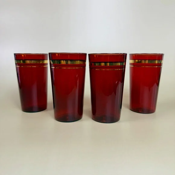Vintage Ruby Red Glass Tumblers with Gold Design – Set of 4 - Picture 7 of 16